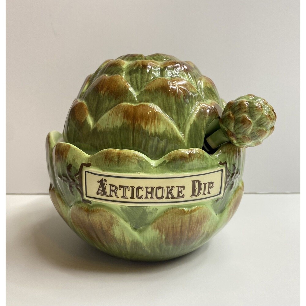 Artichoke Dip Ceramic Lidded Decorative Bowl Jar with Spoon